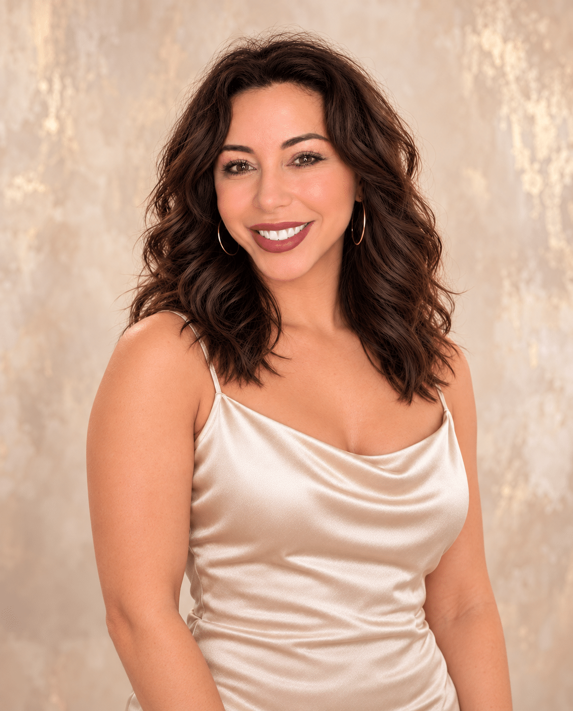 Karen Klare in a champagne silk blouse